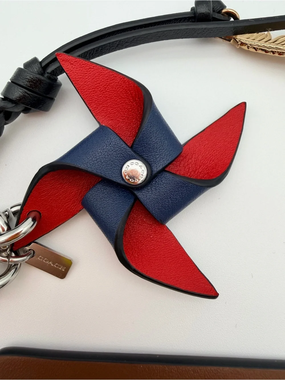 COACH Charm Hangtag Red & Navy Pinwheel Leather Keychain Charm